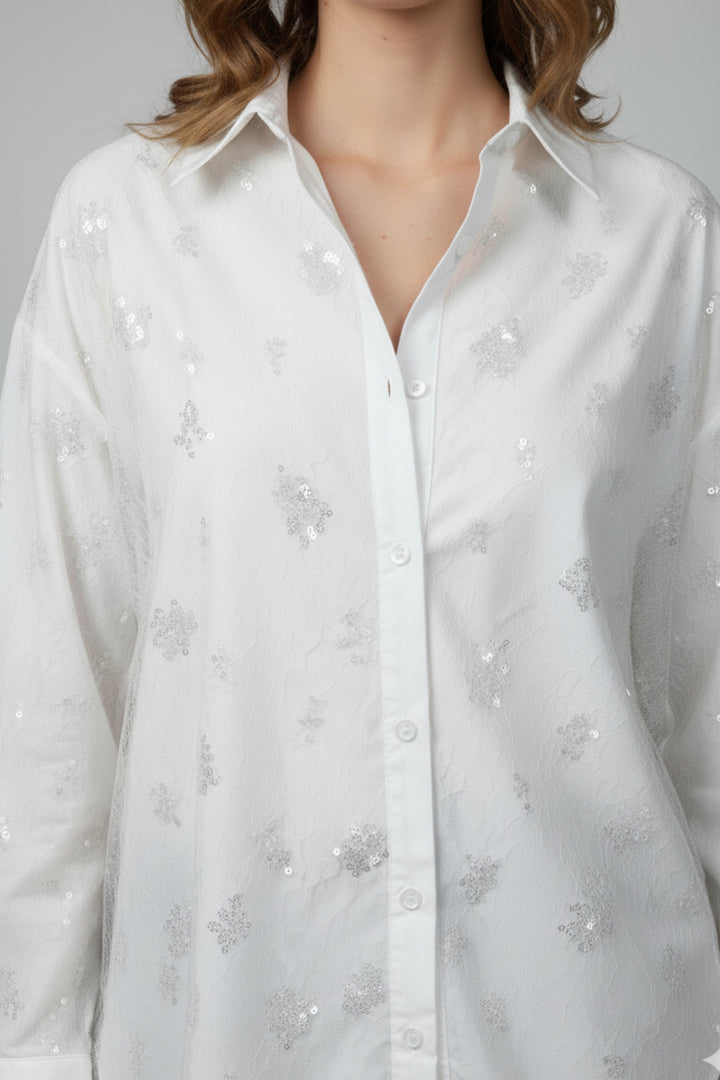 White Mesh Sequin Layered Shirt