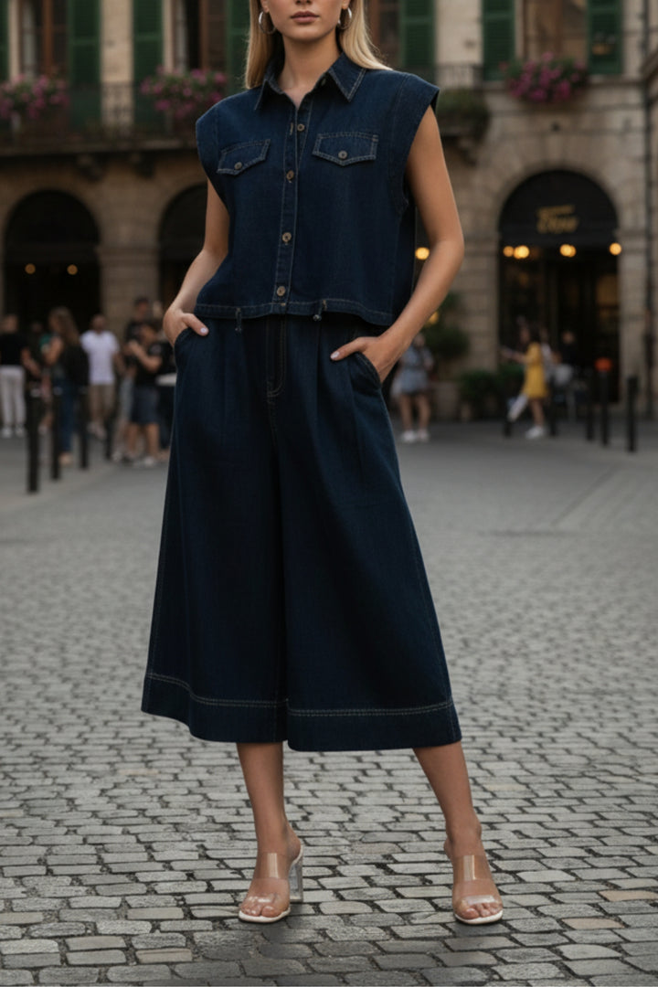 Cotton Denim Shirt And Pant Coord Set