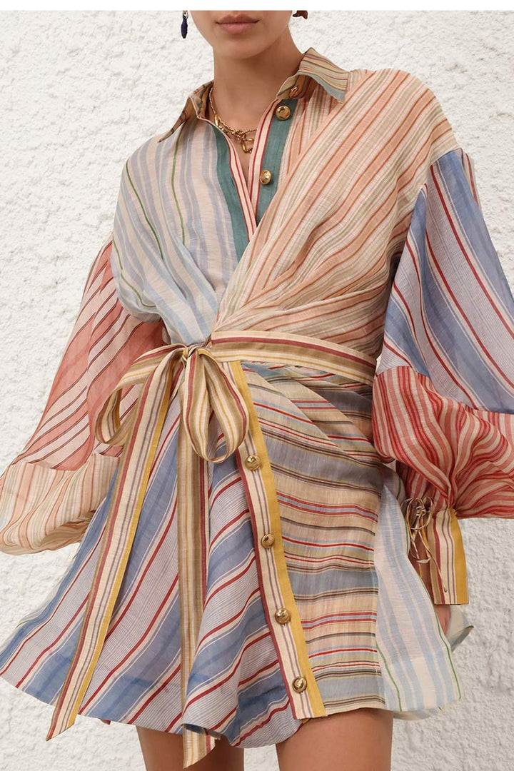 Pastel Striped Puff-Sleeve Dress