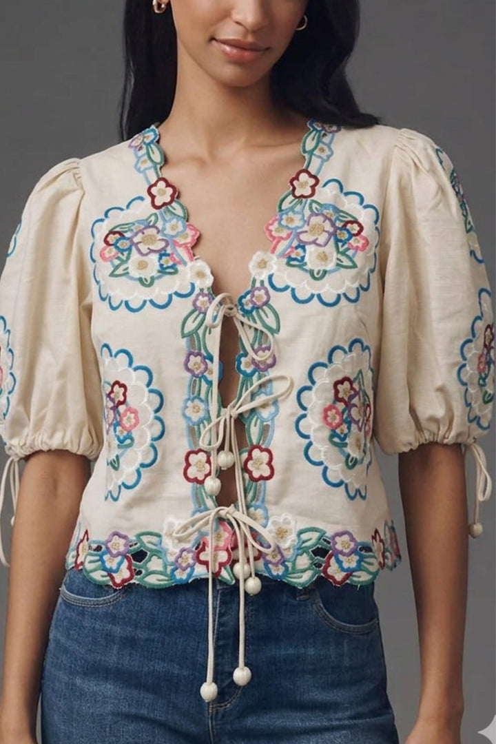 Ivory Boho Bloom Tie-Up Top