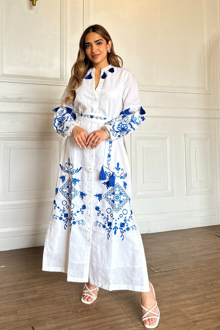 White Embroidered Cotton Dress With Tassels