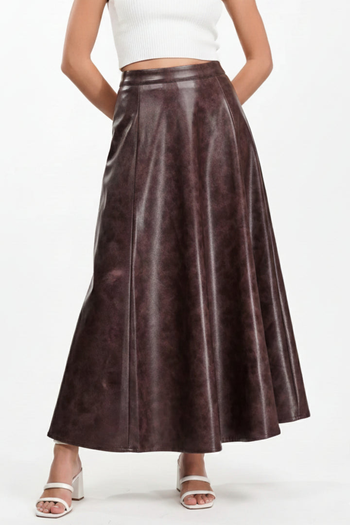 Burnt Umber Flared Leather Skirt