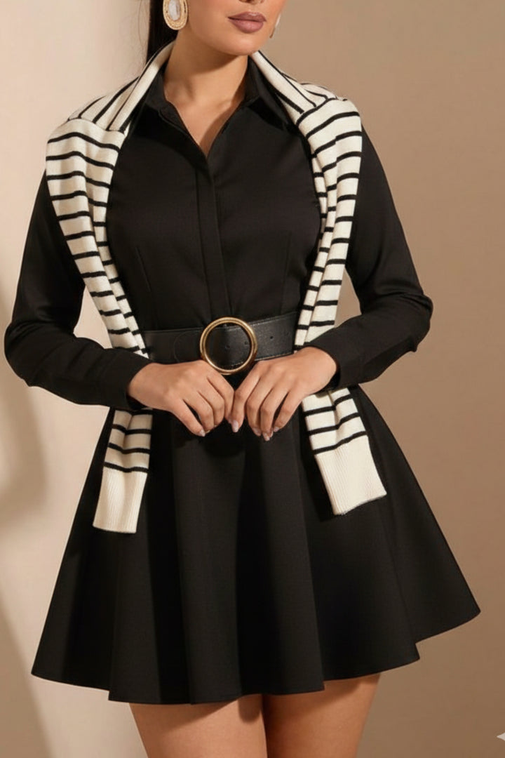 Black Belted White Overlay Shirt Dress