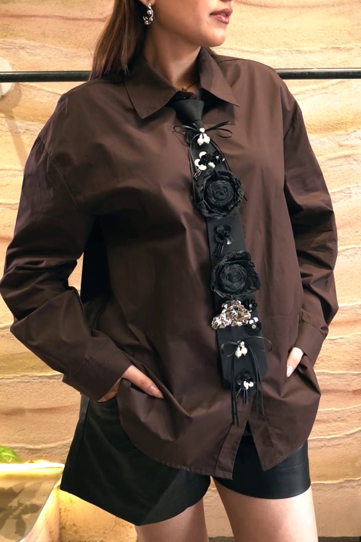 Cocoa Tie-Up Floral Embellished Shirt