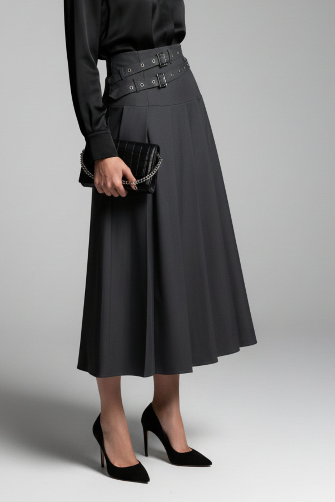 Gray Dual Belt Pleat Skirt