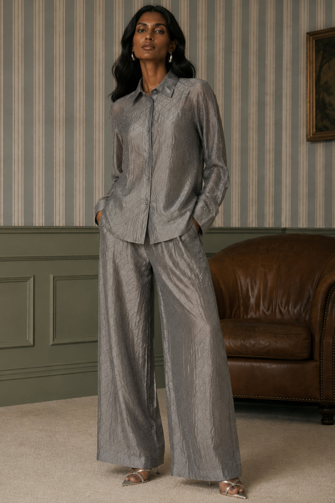 Steel Grey Rhinestone Pant Co-ord set
