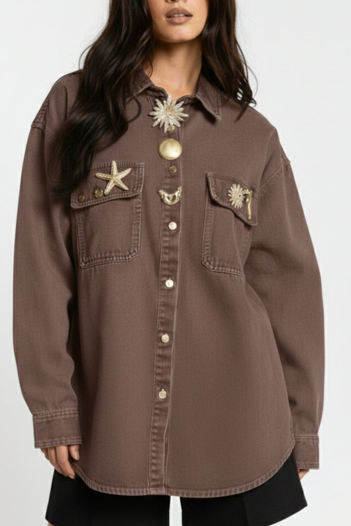 Cocoa Brown Celestial Patch Denim Shirt