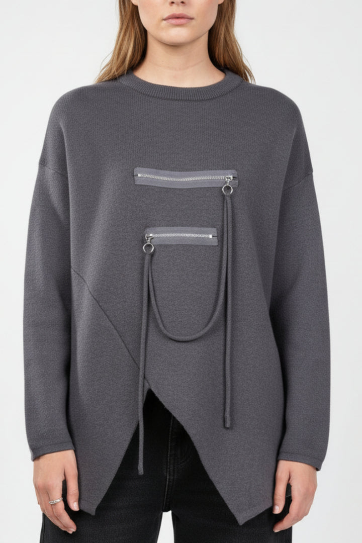 Slate Grey Zipline Geometrical  Sweater