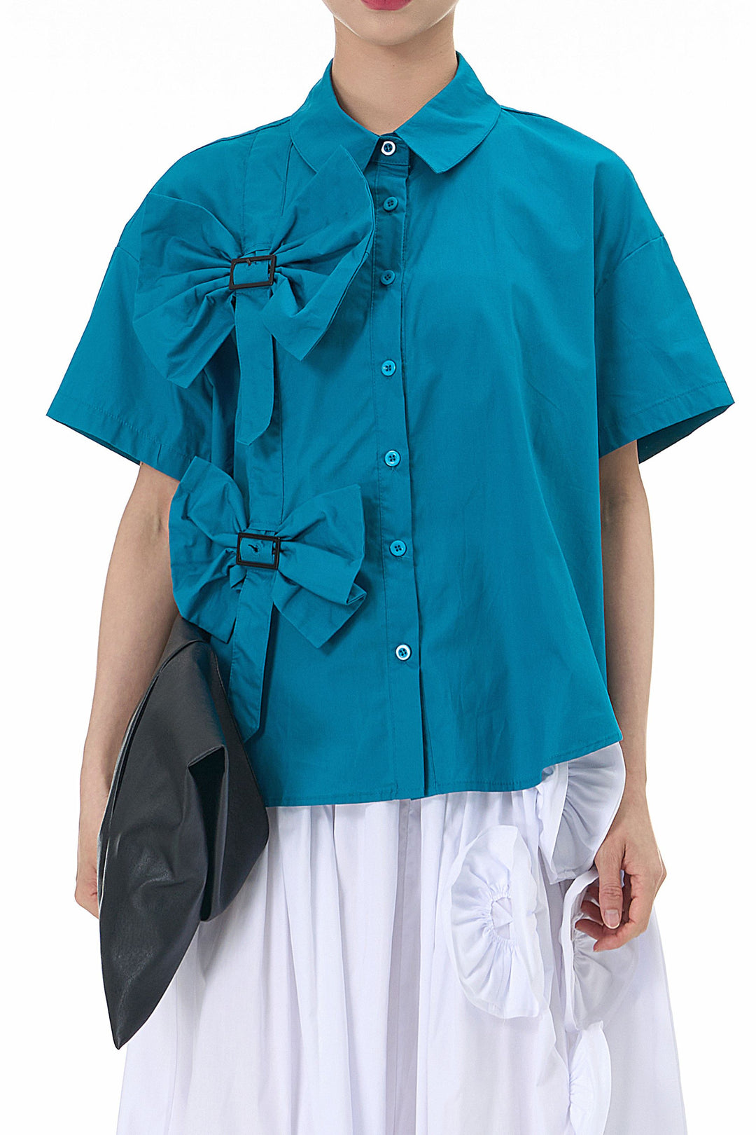 Aqua blue bow cotton shirt for vacation