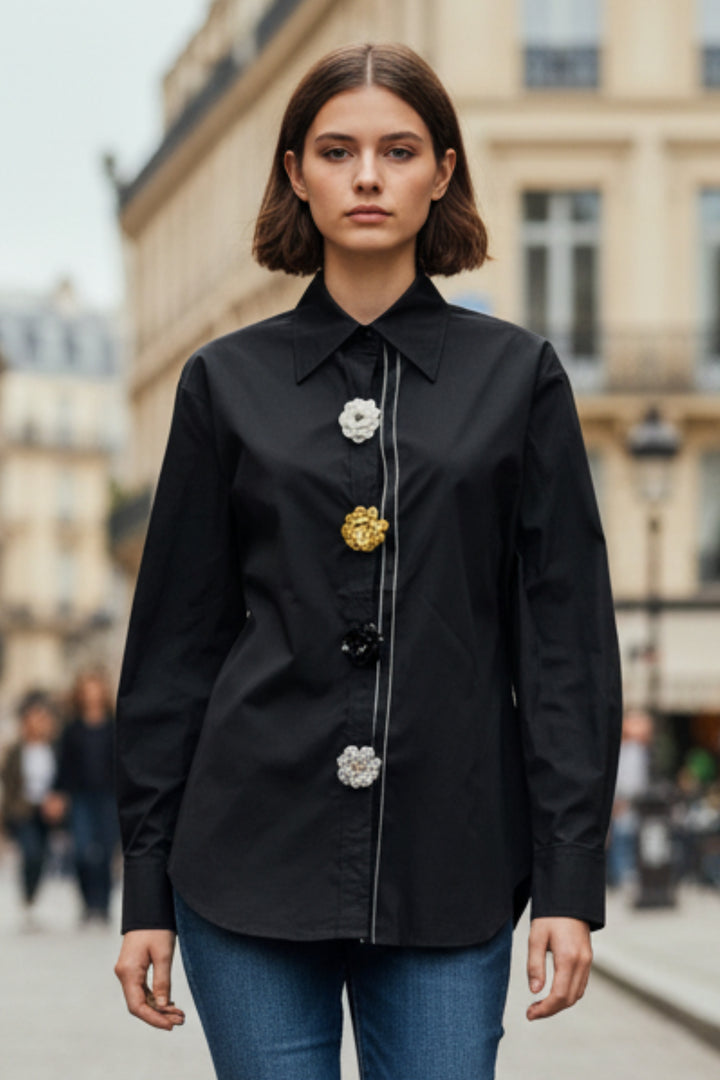 Black Luxe Flower Button Shirt