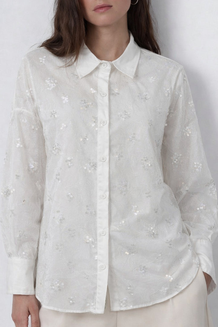 White Mesh Sequin Layered Shirt