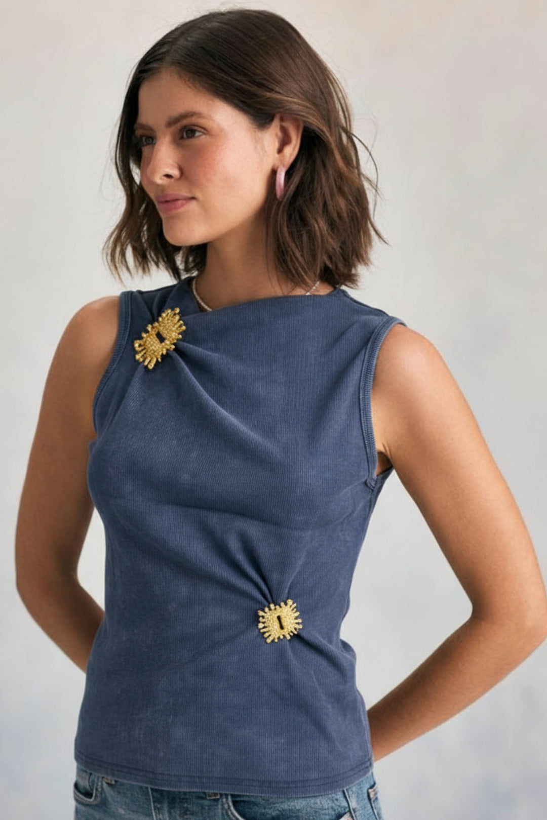 Navy Sleeveless  Top with Gold Accent