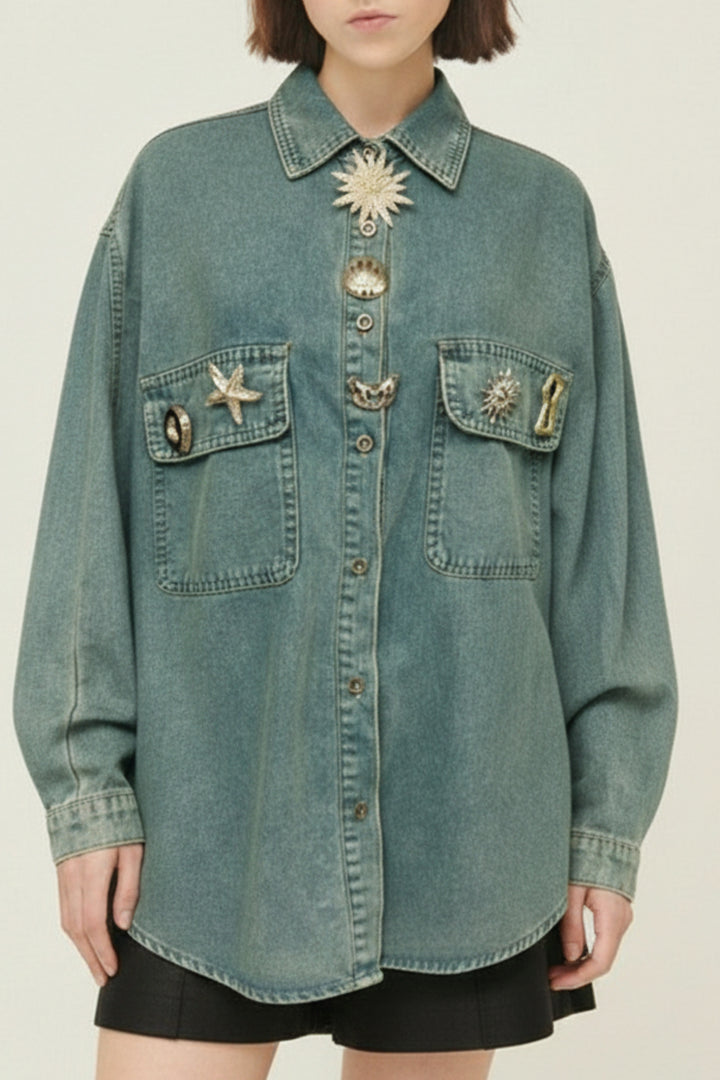 Sage Green Celestial Patch Denim Shirt