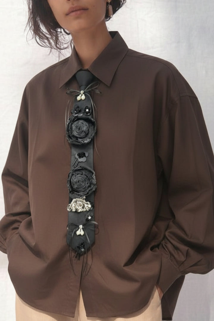 Cocoa Tie-Up Floral Embellished Shirt