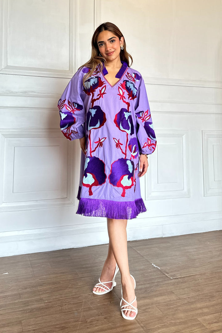 Purple Pleated Collar Embroidered Cotton Dress