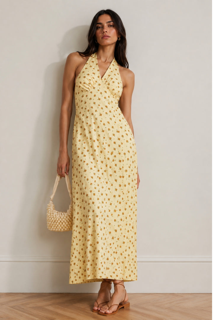 Yellow Floral Halter Neck Maxi Dress