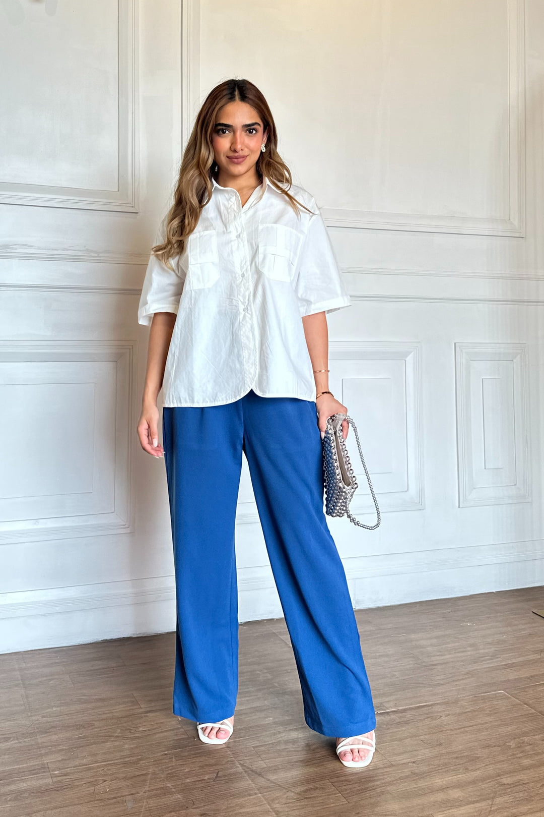 Summer White and Blue Shirt Trouser Coord Set S / White & Blue Summer White and Blue Shirt Trouser Coord Set S / White & Blue
