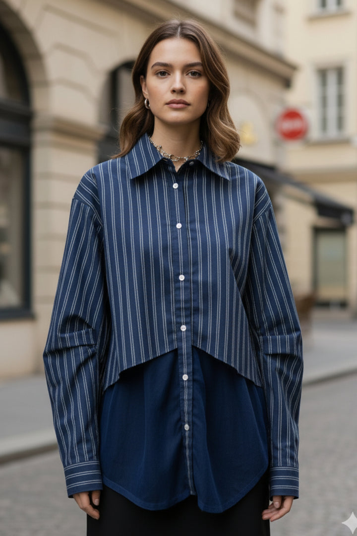 Midnight Blue Sheer Layered Stripe Shirt