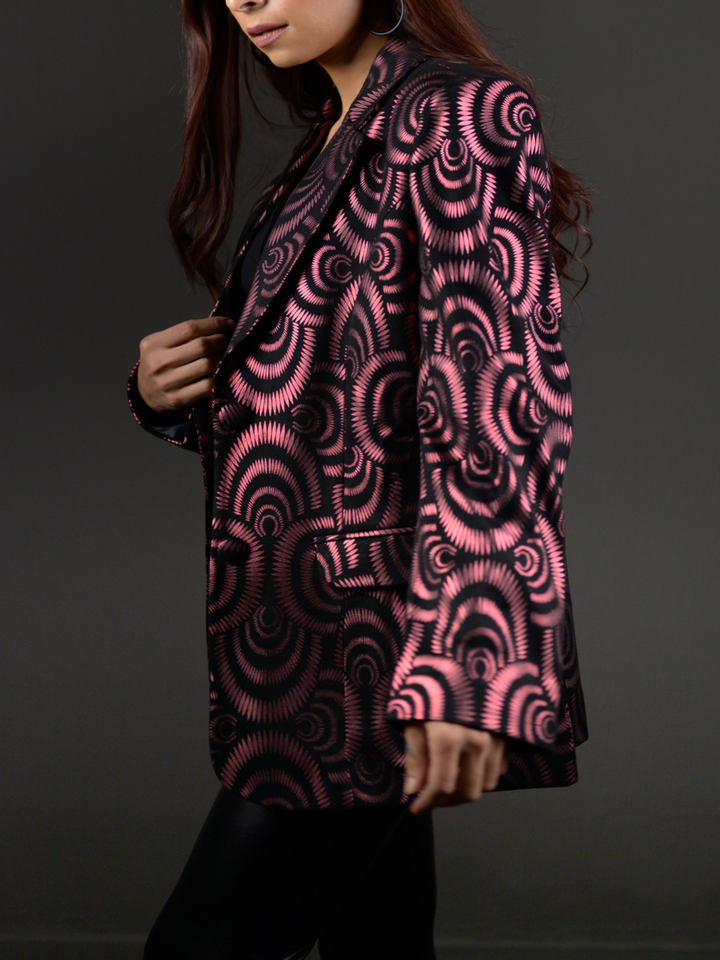 Printed formal blazer for women in metallic pink