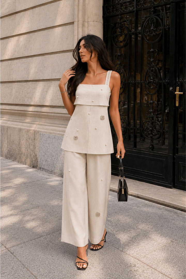 Ecru Linen Embellished Co-Ord
