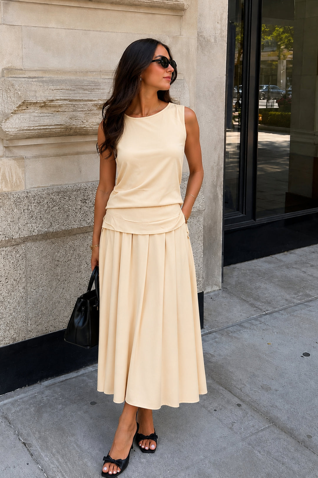 Neck Tie Beige Top & Skirt Coord Set