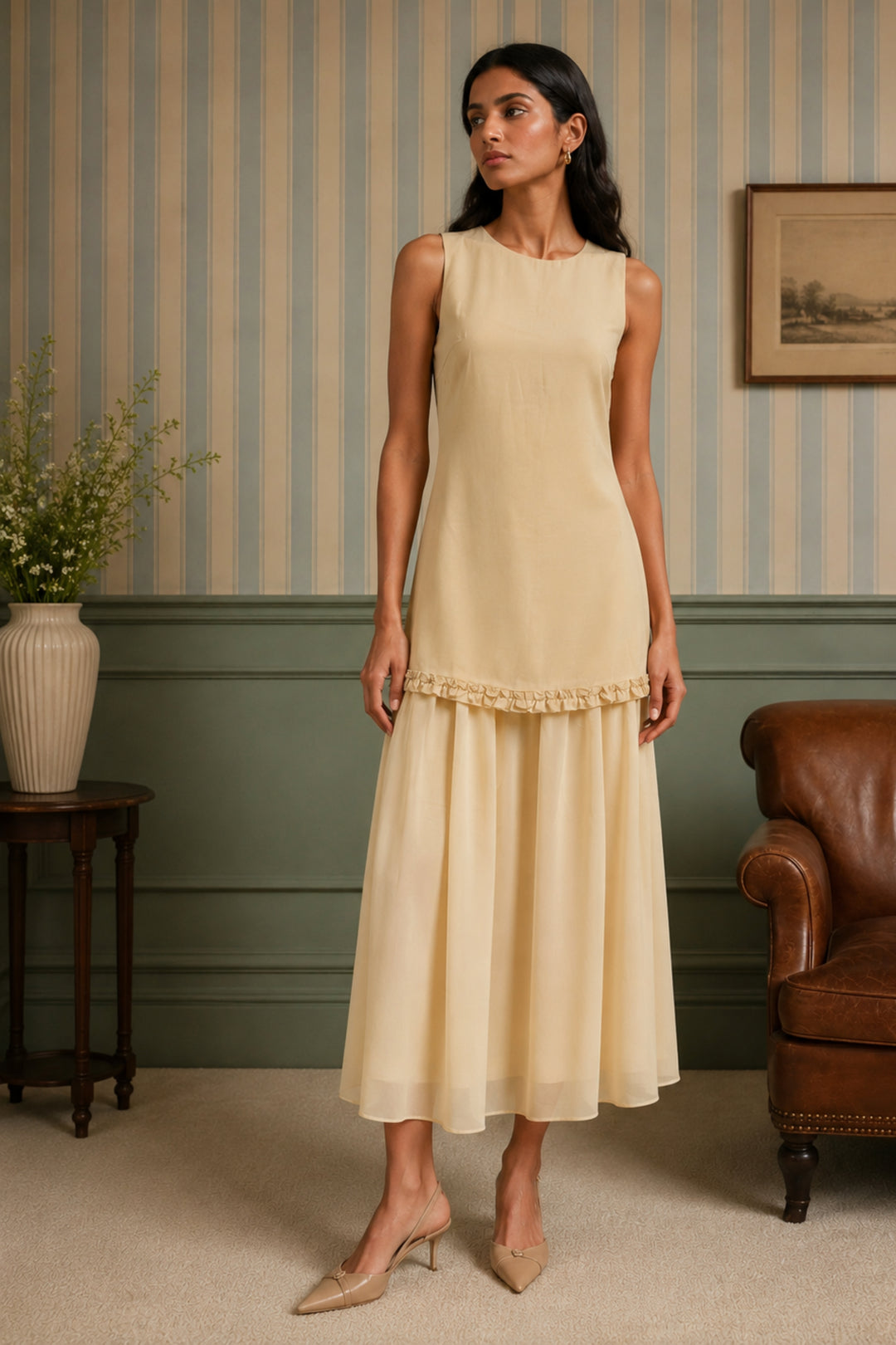 Butter Linen Layered Chiffon Dress