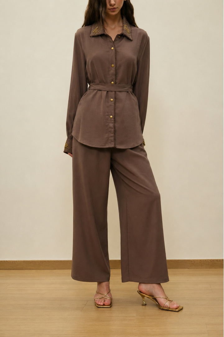 Cocoa Embellished Collar Belted Co-ord Set