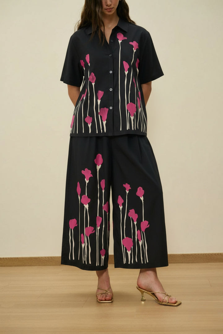 Shirt Coord Set With Pink Flower Print
