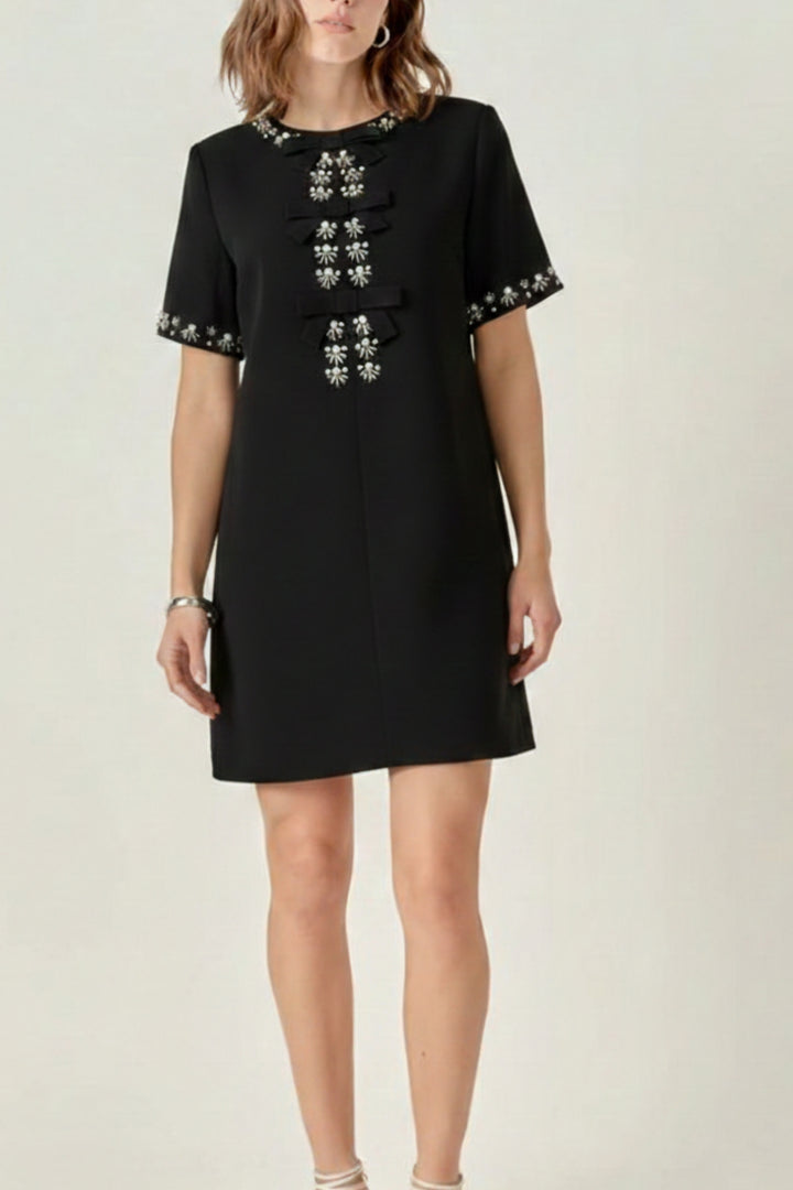 Noir Crystal Bow Shift Dress