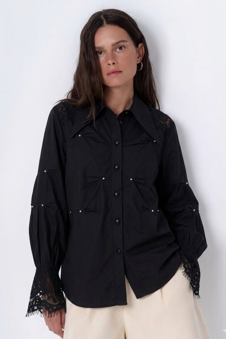 Black Lace Detail Studded Collar Shirt