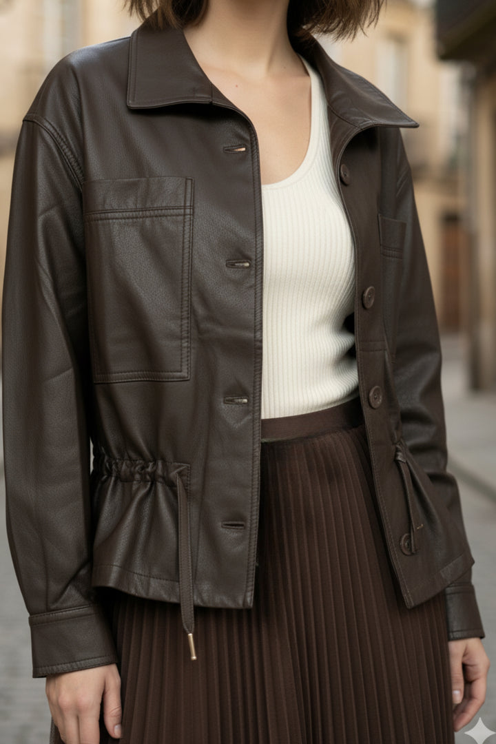 Mocha Drawstring Faux Leather Jacket