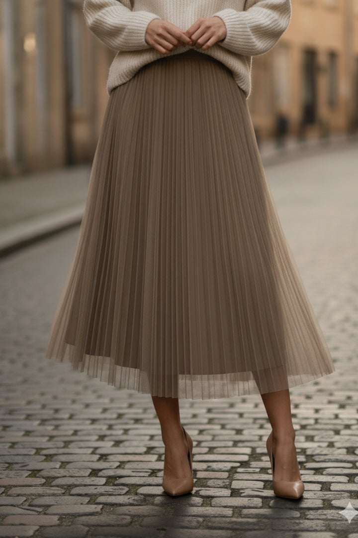 Beige Mesh Pleated Skirt