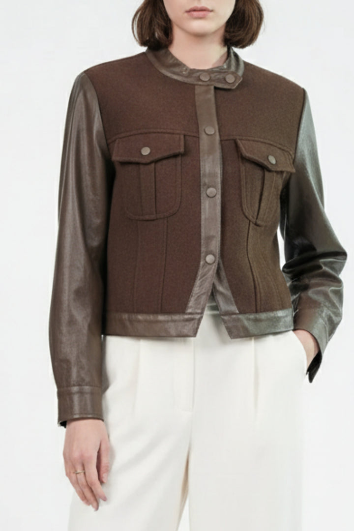 Brown Woolen Jacket With Leather Sleeves
