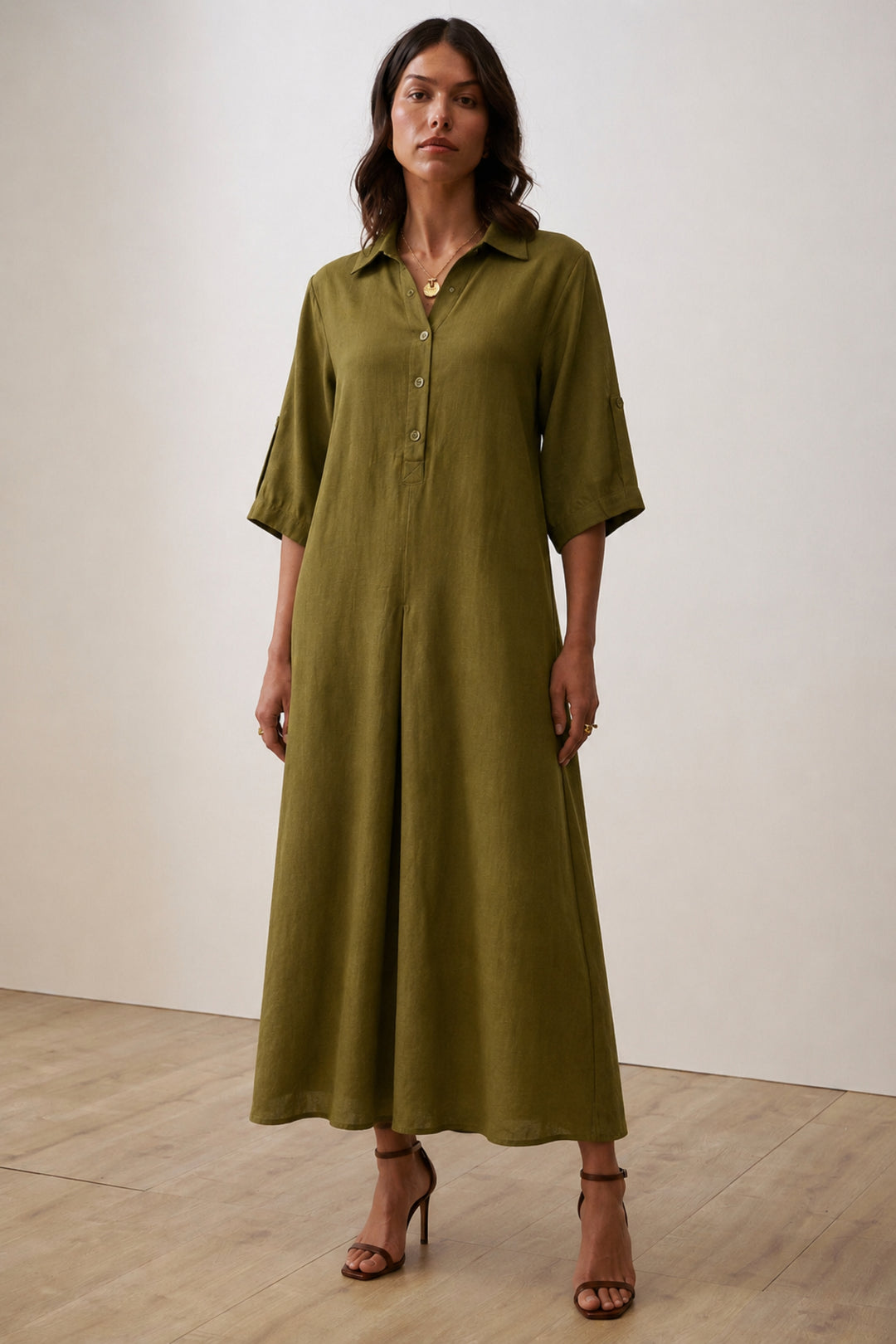 Olive Breeze Linen Maxi Dress