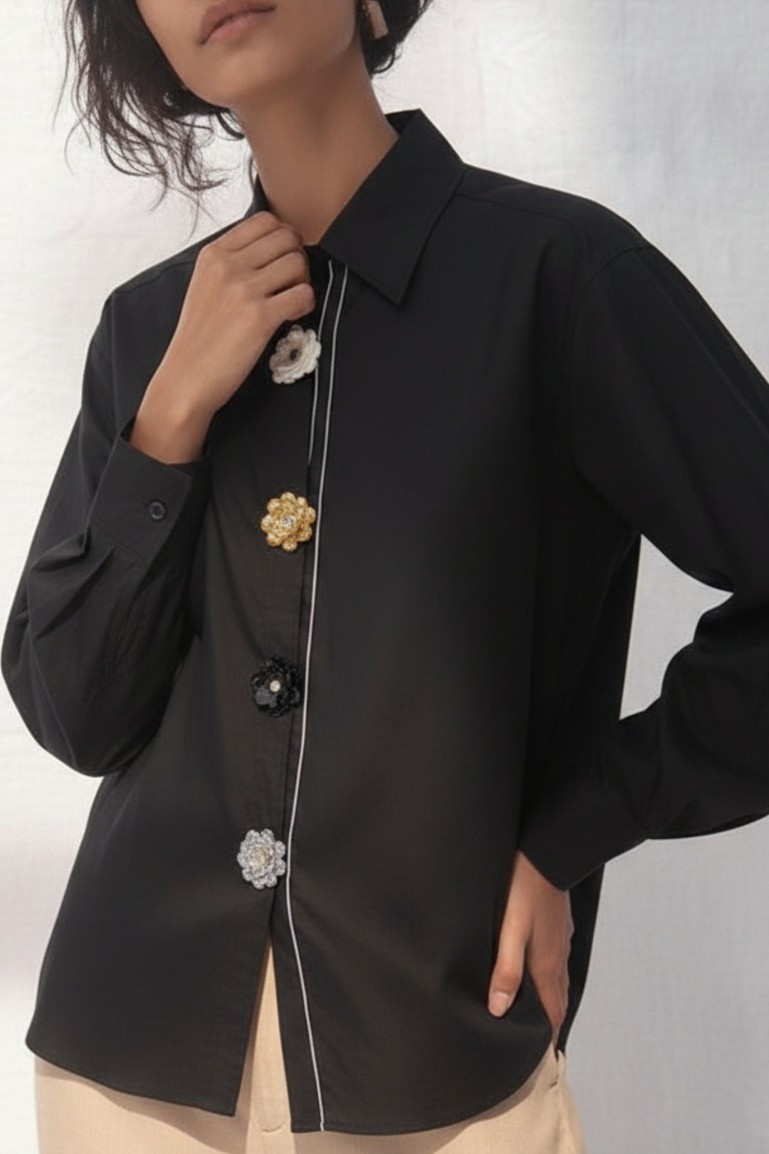 Black Luxe Flower Button Shirt