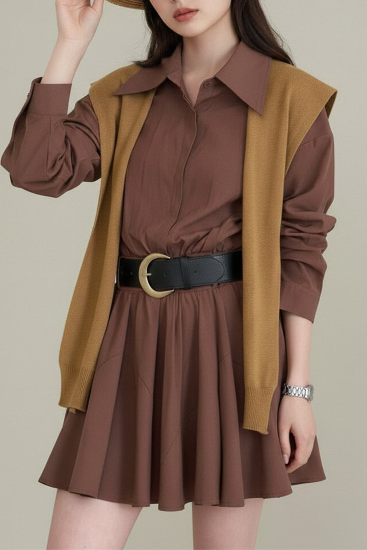 Cocoa Belted Mustard Overlay Shirt Dress