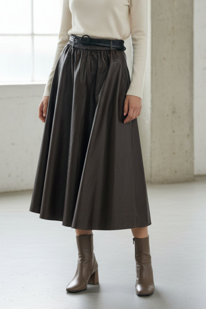 Espresso Belted Faux Leather Skirt