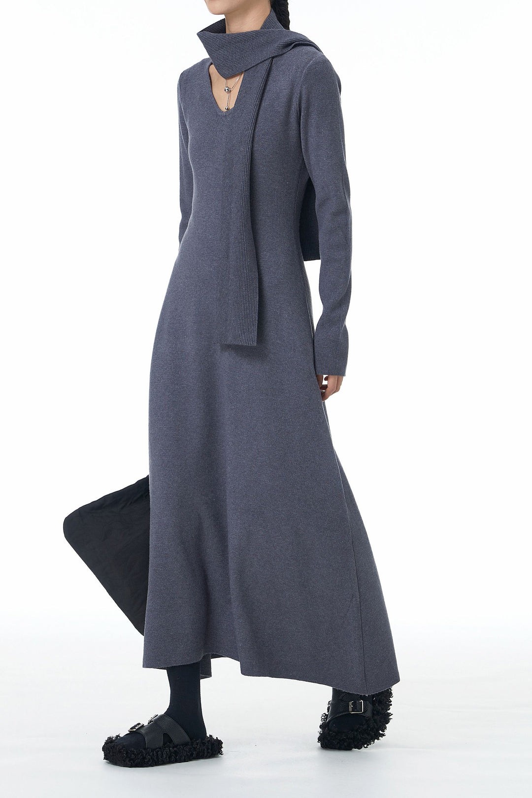 grey dress with scarf Grey Sweater Dress + Tartan Scarf
