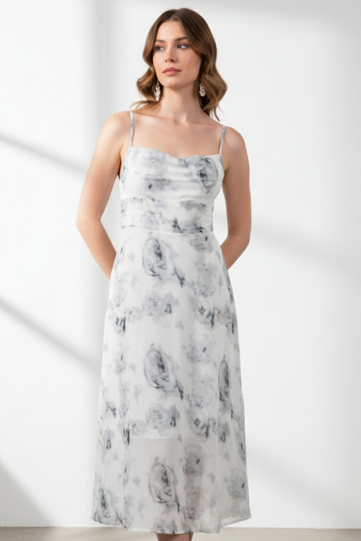 White Floral Strappy Midi Dress