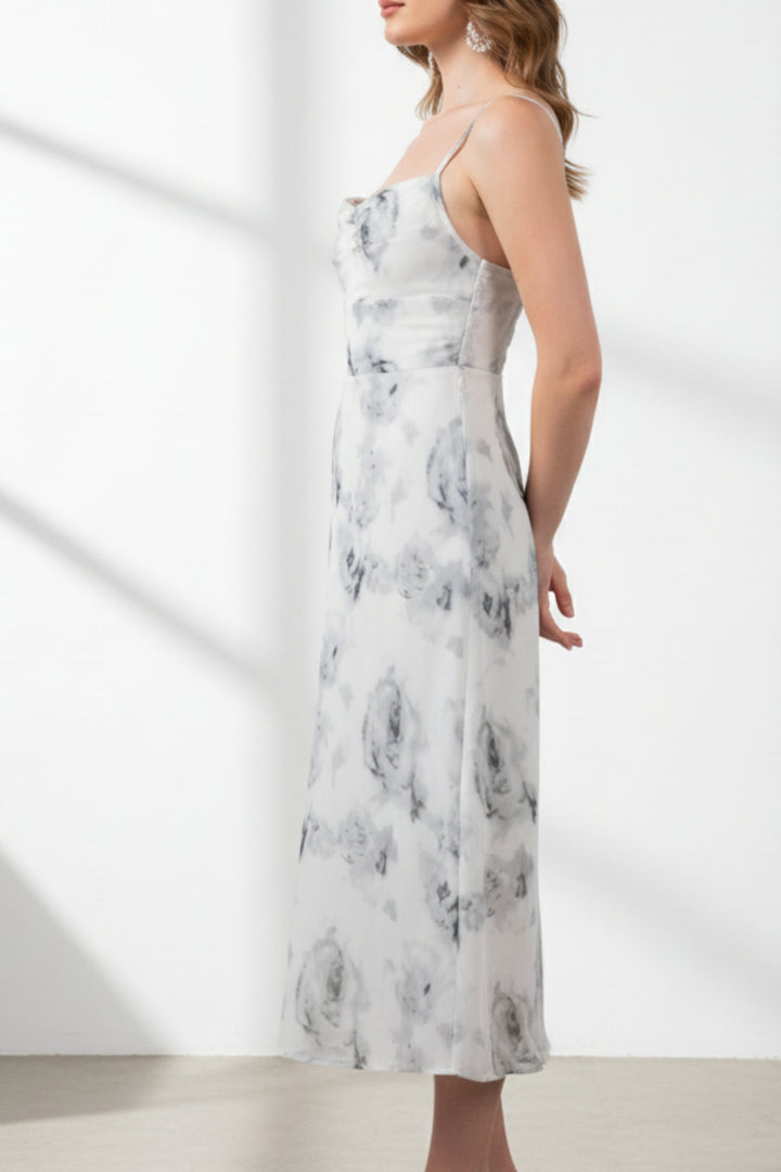 White Floral Strappy Midi Dress