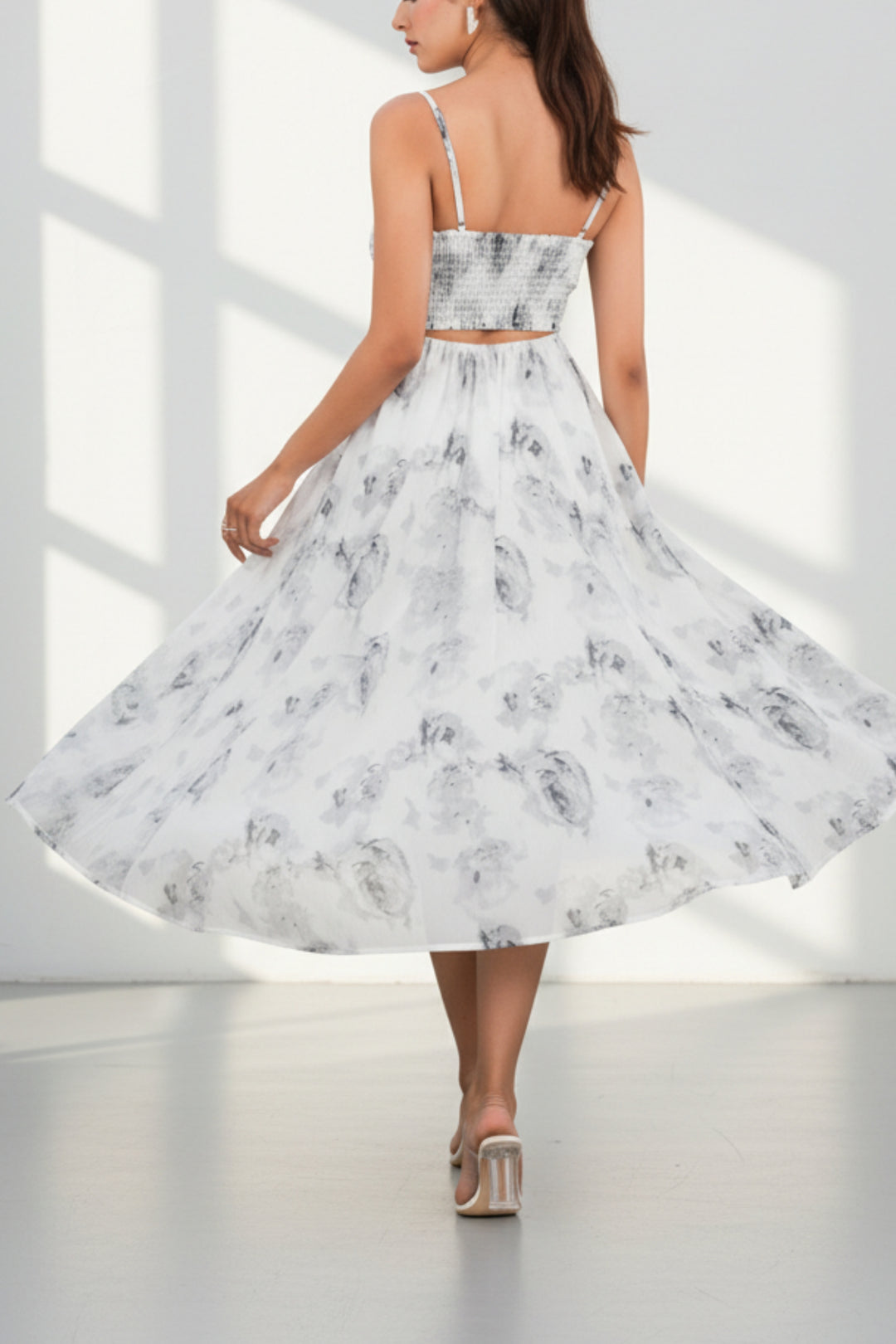 White Floral Strappy Midi Dress