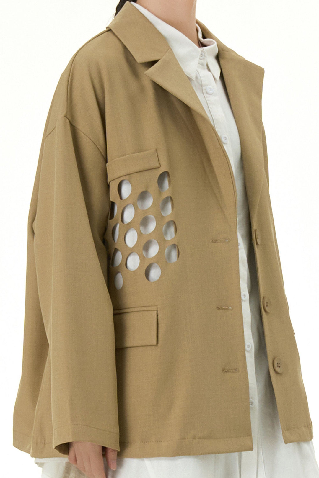 Khaki Blazer With Circle Cut Work