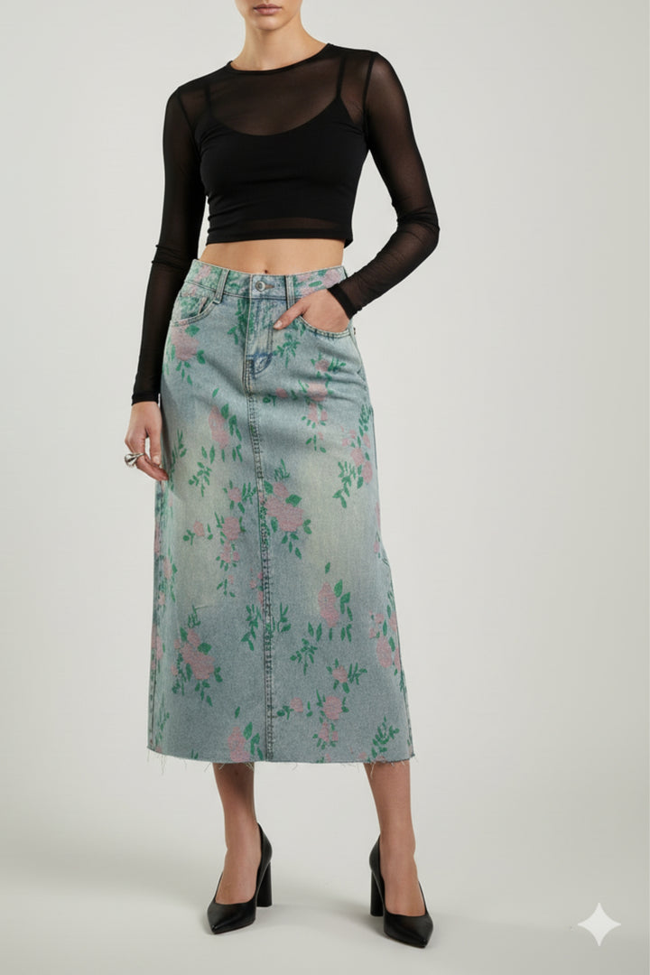 Woven Floral Pattern Denim Skirt