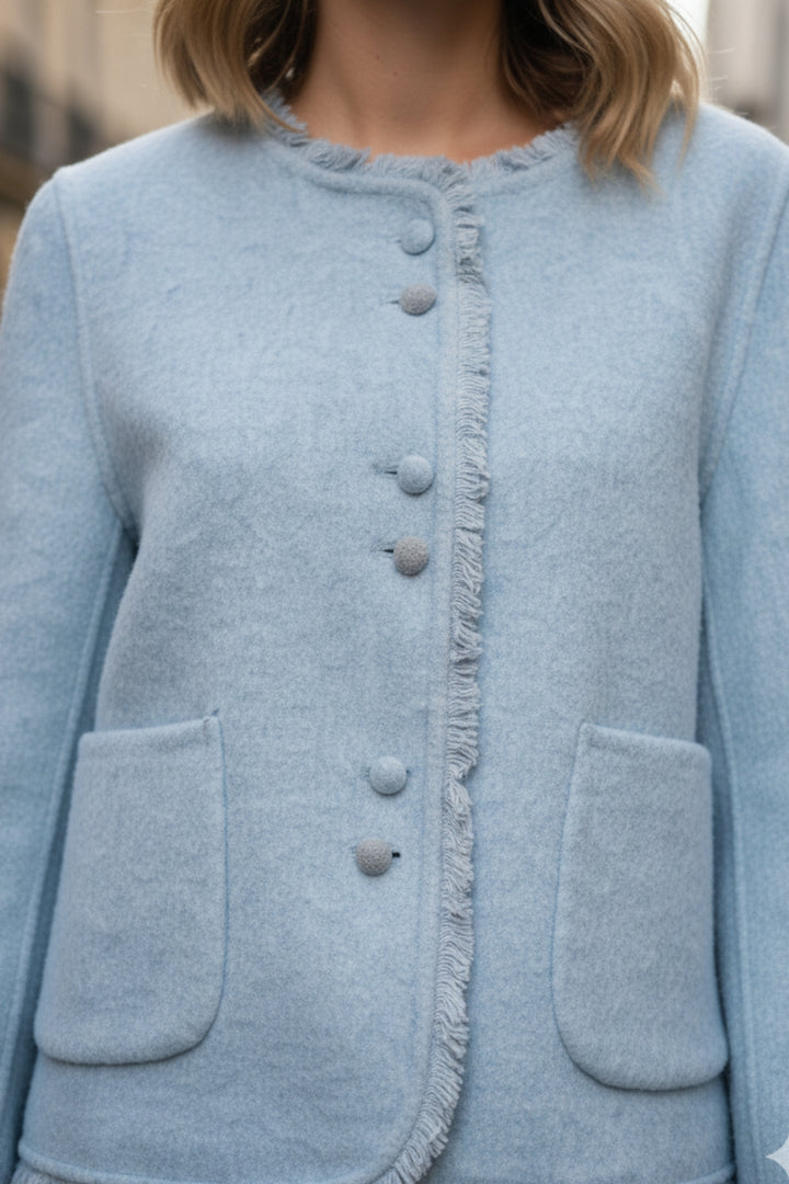 Blue Frayed Double-Sided Cashmere  Blazer