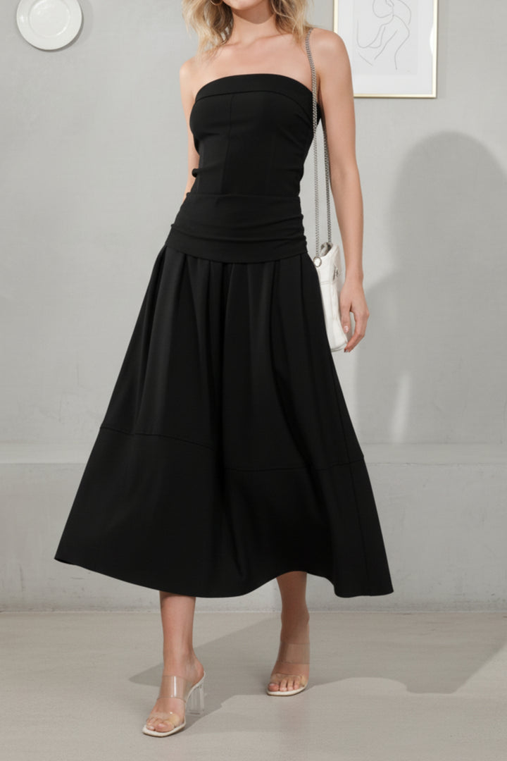 Black Bandeau Linen Top & Skirt Set