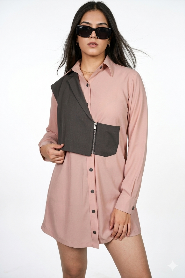 One Side Blazer Over Shirt Dress In Grey