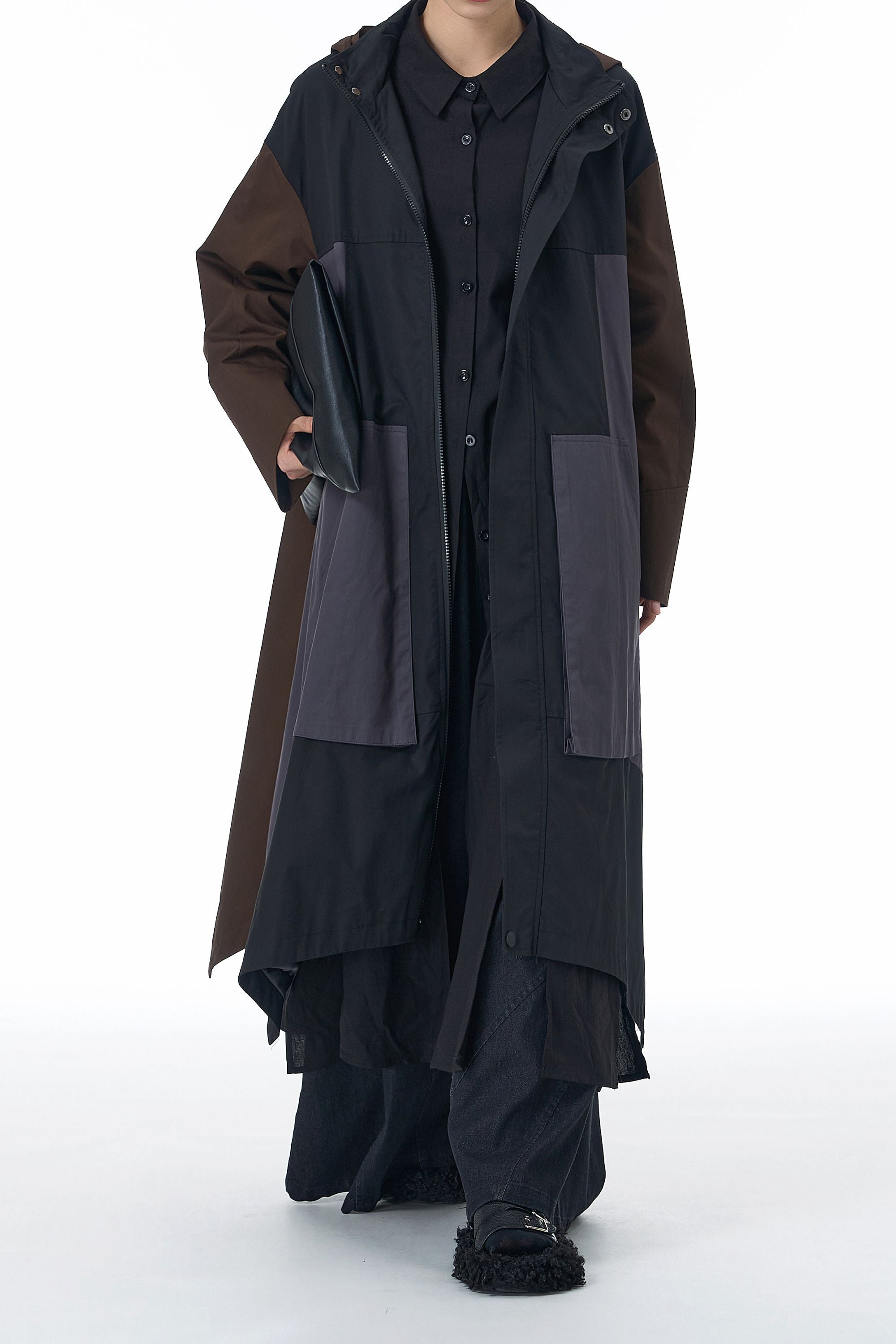 Street Drawstring Pleated Balaclava Hooded Trench Coat main image 0
