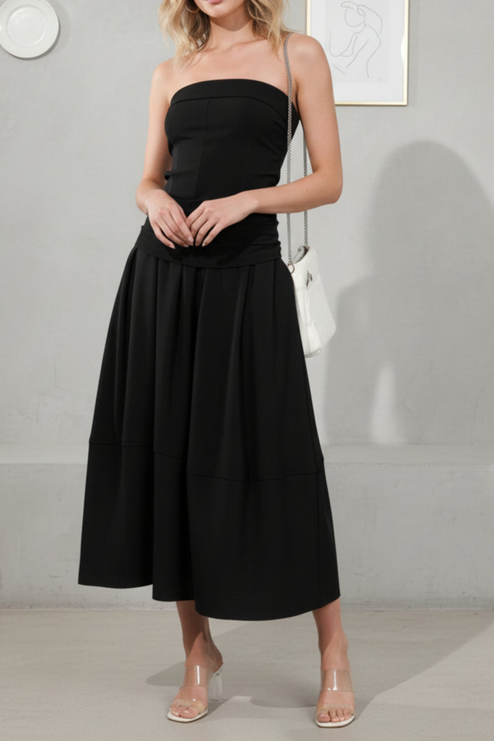 Black Bandeau Linen Top & Skirt Set