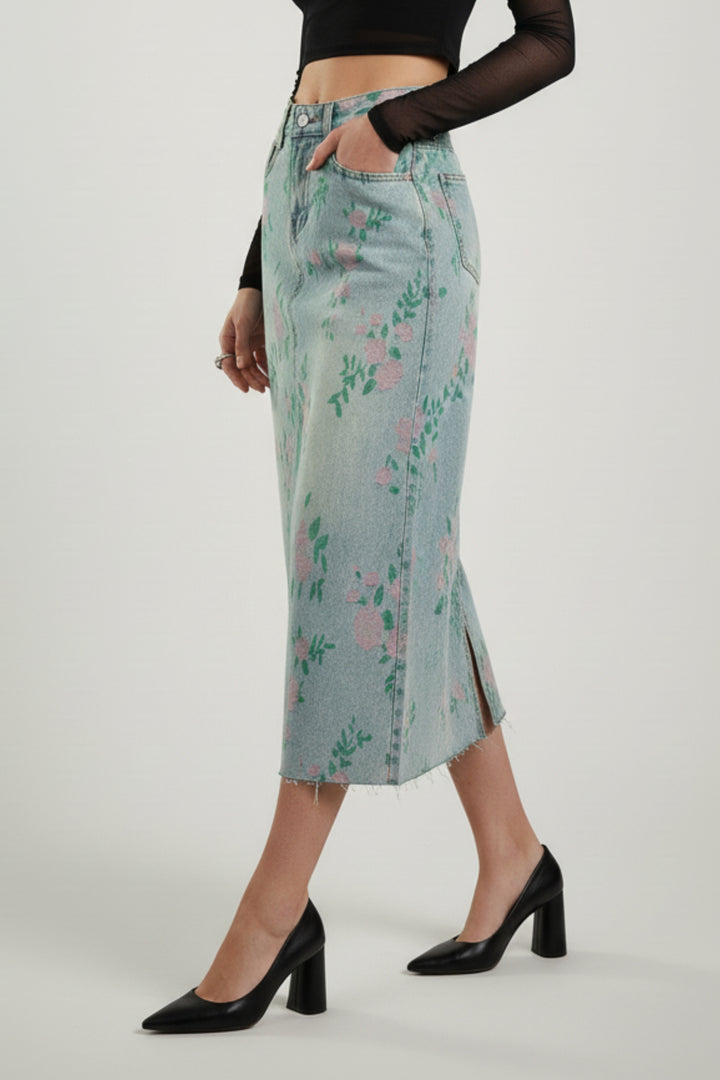 Woven Floral Pattern Denim Skirt