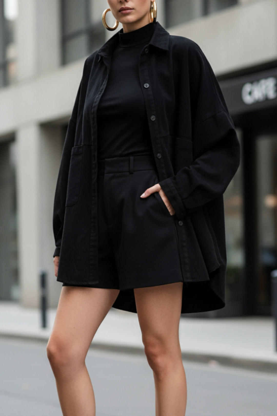 Oversized Black Shacket With Patch Pockets
